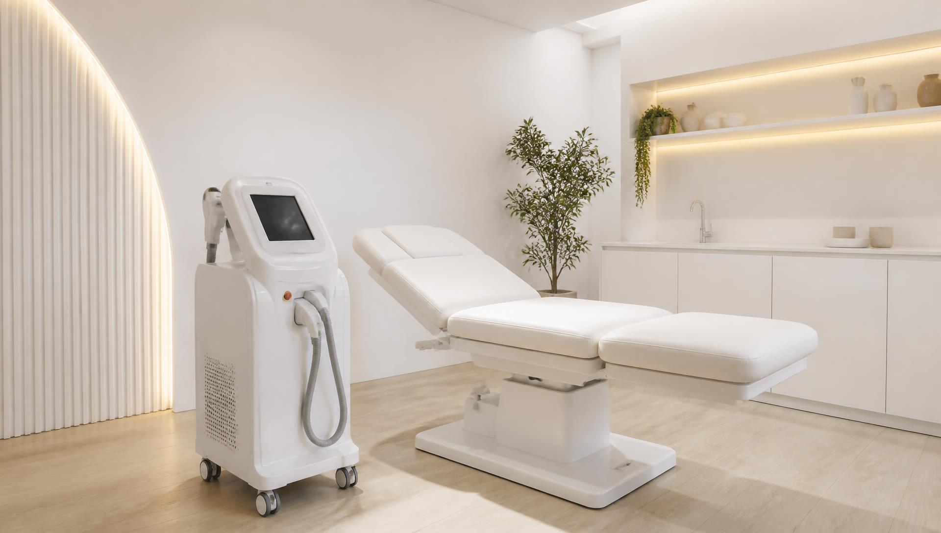 A bright modern clinic treatment room with a laser hair removal system beside the couch
